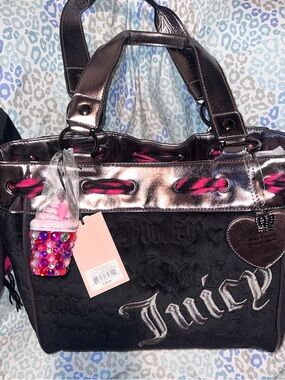 New Custom Black Juicy Couture Purse Daydreamer Tote Bag Handbag Velour Gunmetal